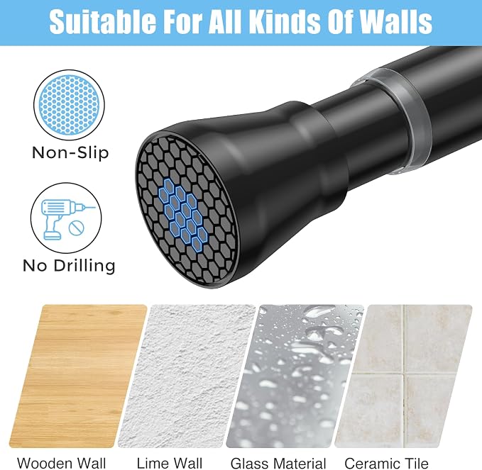 AIZESI 2PCS Black Shower Curtain Rod 30-64 Inch Adjustable Curtain Rods Never Rust & Non-Slip, No Drilling, Short Shower Rods Spring Tension Curtain Rod for Window Bathroom Doorway Closet