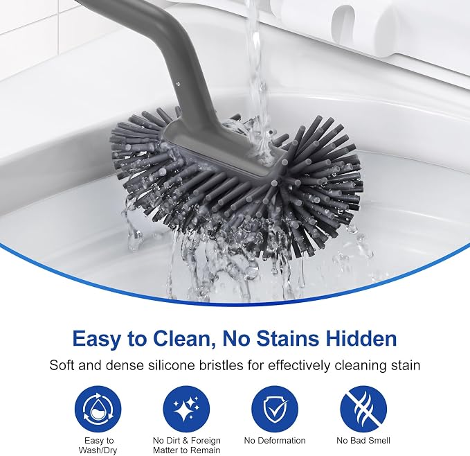 HAMITOR Toilet Bowl Brush Holder Set: Deep Cleaning Silicone Toilet Cleaner Scrubber Under Rim with Curved Bristle for Bathroom Dead Corner Clean - Modern Rv Toilet Decorative Accessories - Gray