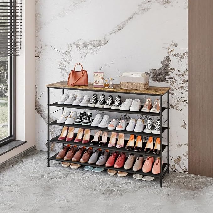 INGIORDAR 5 Tier Long Metal Shoe Rack Storage Organizer for Closet Entryway | Spacious design Shoe Shelf stores 30 Pairs of Shoes for Closet Entryway Bedroom Living Room Garage Black+Rustic Brown