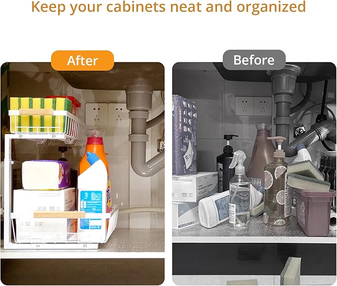 Under Sink Organizer, 2 Tier Pull Out Cabinet Organizers and Storage for Kitchen Bathroom Pantry Laundry, Adjustable Height, Slide Out Thickened Metal Storage Shelf (Black, 1 Pack)