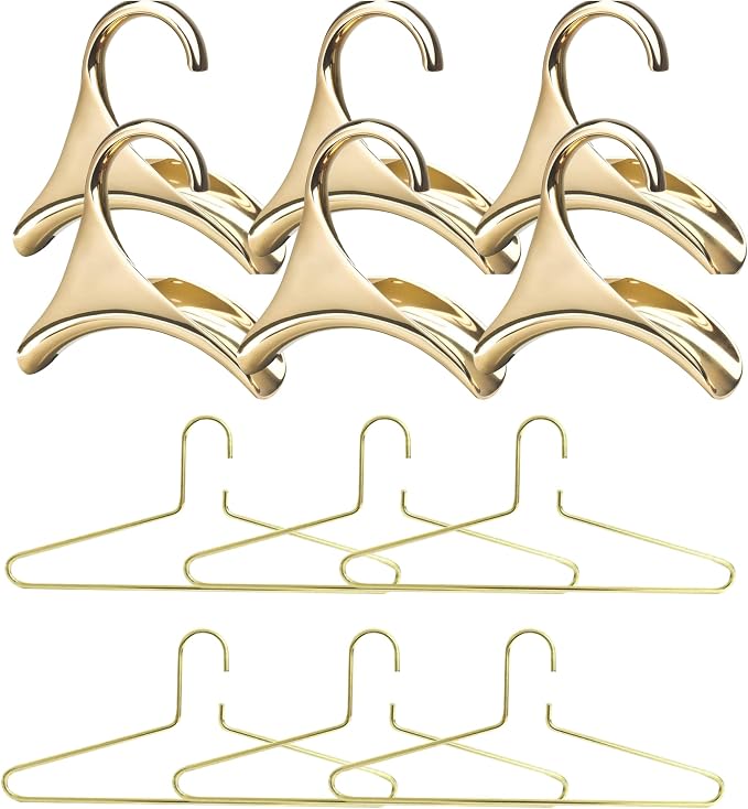Bag-a-Vie Gold Metal Hangers Combo Pack 12 (6 Purse Hangers + 6 Clothes Hangers) Closet Organizer Set for Bags, Coats & Suits