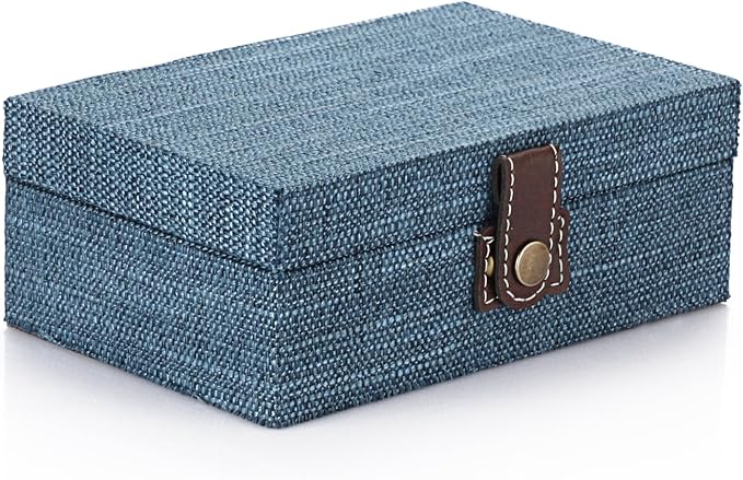 Hipiwe Treasure Chest Jewelry Box Wooden Decorative Box with Linen Covered | Memento Case Box with Clasp Lid, Rectangular Keepsake Box Photos Storage Organizer Home Decor, Blue