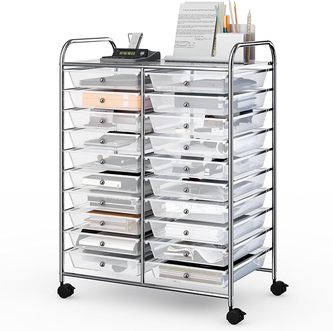 DREAMADE Rolling Cart with Storage Drawers, Utility Cart with Removable Plastic Drawers, Lockable Wheels, Art Cart for Classroom Organization Art Supplies Office Scrapbook (20 Drawers, Transparent)