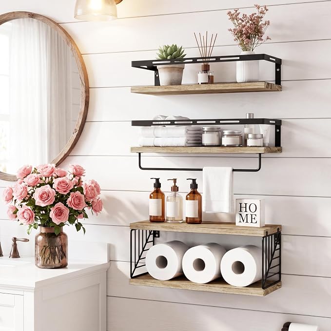 Fixwal Bathroom Shelves Over Toilet, Floating Shelves Wall Mounted with Metal Frame and Towel Bar for Bathroom, Kitchen, Bedroom, Living Room (3 Plus 1 Rustic Brown)