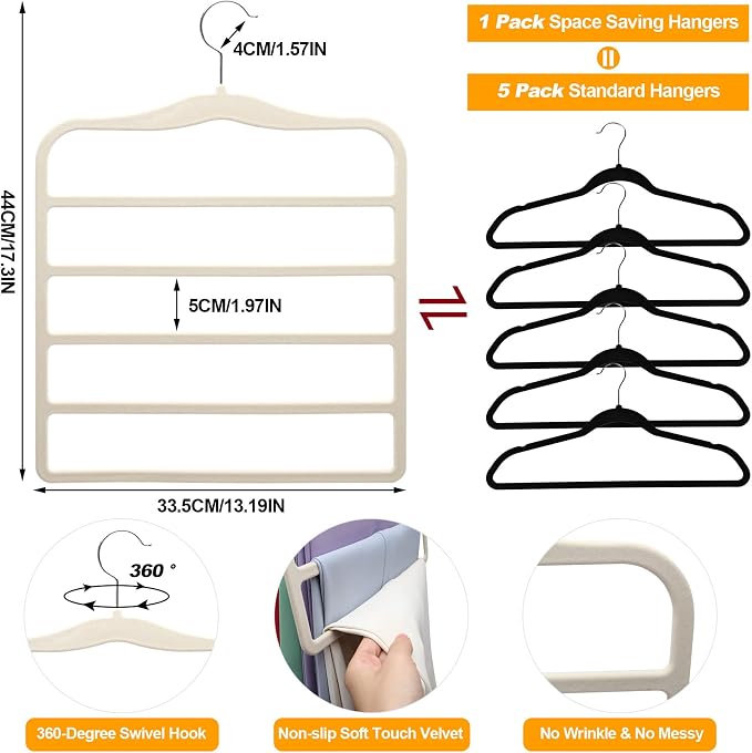 Closet Organizers and Storage,5 Pack Velvet Pants-Hangers-Space-Saving,Non Silp 5 Tier Organization-and-Storage Clothes-Hanger for College-Dorm-Room-Essentials,Closet-Organizer for Jeans Scarf Hanger