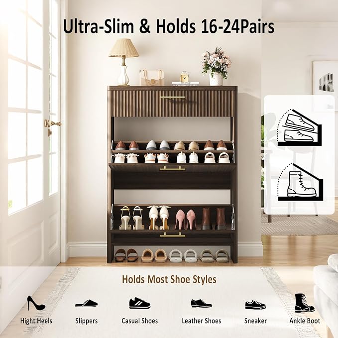 Fluted Shoe Storage Cabinet for Entryway, Narrow Wooden Shoe Cabinet with 2 Flip Drawers & Pull-Out Drawer, Modern Freestanding Slim Shoe Organizer Rack for Foyer/Hallway/Living Room, Walnut