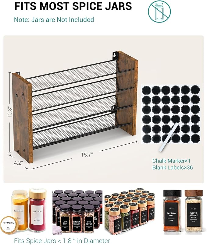 NESAPTO Spice Rack Organizer for Cabinet, Wood 4-Tier Vertical Seasoning Organizer, Wall Mount or Countertop Spice Shelf, Holds 32 Jars (No Jars Included), 15.7" W x 10.3" H