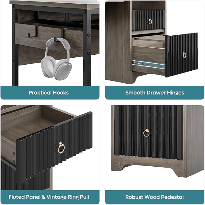 Bestier 55Inch Modern Fluted Desk with Drawers & Keyboard Tray, Grey | 55 X 22 In Work Surface, File Drawer, Reversible Pedestal, Fluted Panels And Keyboard Tray For Home Office Storage.