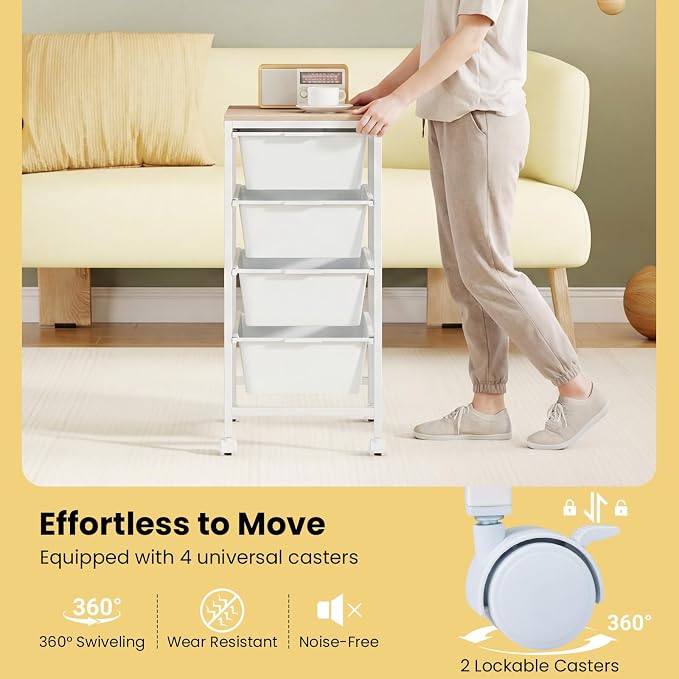 GOFLAME 4-Drawer Rolling Storage Cart, Craft Storage Cart with Wooden Tabletop and Lockable Wheels, Art Cart Supply Storage Organizer with Metal Frame for Home Office Classroom, White
