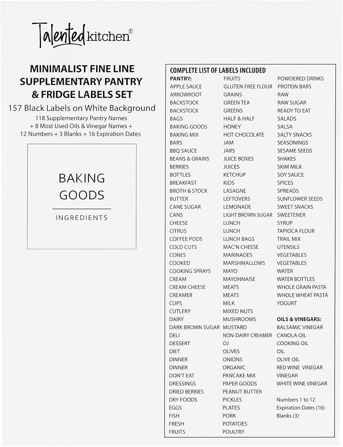 Talented Kitchen Minimalist Food Labels - 2.5" x 2.5" Matte White Vinyl, Pack of 157 - Pantry & Fridge Container Labels for Jars & Bins - Preprinted Food Storage Stickers, Water-Resistant