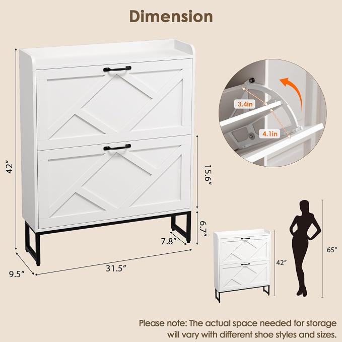 Nicetree Shoe Cabinet Storage for Entryway, Slim Shoe Storage Cabient with 2 Flip Drawers, Narrow Vertical Shoe Rack Cabinet with Metal Hooks, Small Space Solution for Hallway, White