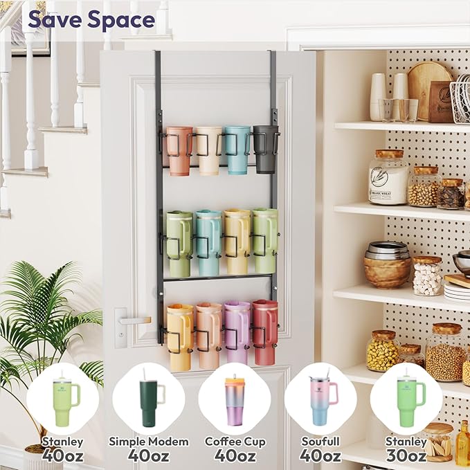 SWTYMIKI 3-Tier Water Bottle Organizer – Over the Door Stanley Cup Holder, Cup Organizer for Door or Wall Mount Option, Stanley Accessories for Pantry, Dorm, Office, RV Use, Black