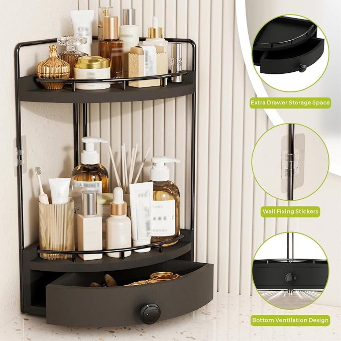 2-Tier Corner Bathroom Counter Organizer with Drawer, Black | Embedded Screw Holes, Wooden Countertop Organizers, Space-Saving, Bottom Ventilation Design, Counter Shelf for Vanity