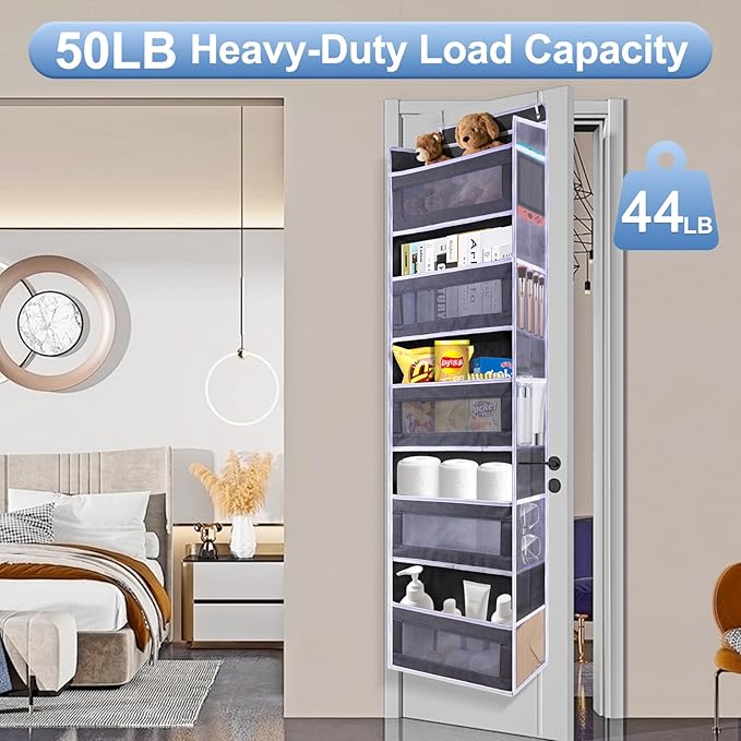 ANHUXINLEI Over The Door Organizer Storage, 5 Large Capacity Pockets & 5 Side Pockets, Anti Tilt 44 lb Load Behind Door Storage for Bedroom, Bathroom, Pantry, Nursery (Dark grey)