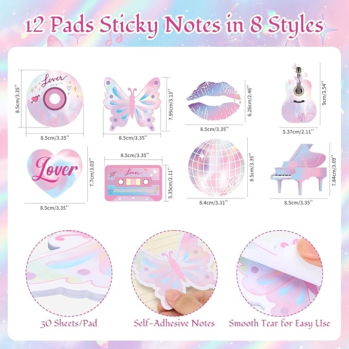 12 Set Singer Sticky Notes with Cute Music-Inspired Gel Pens, Era’s Singer Self Stick Notes Memo Pads for Home School Birthday Party Favors Gifts Office Supplies for Music Fans