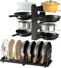 CEHNCEH Foldable Pots and Pans Organizer Under Cabinet 28.5" L x 9.1" W x 9.9" H Expanded, Folds Flat Adjustable 8-Tier Stainless Steel Dividers Kitchen Cabinet Cookware Baking Frying Rack (Black)