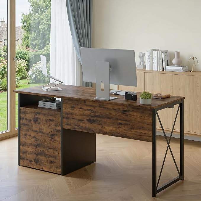 Bestier Office Desk with Drawers, 55 inch Industrial Computer Desk with Storage, Wood Teacher Desk with Keyboard Tray & File Drawer for Home Office, Rustic Brown