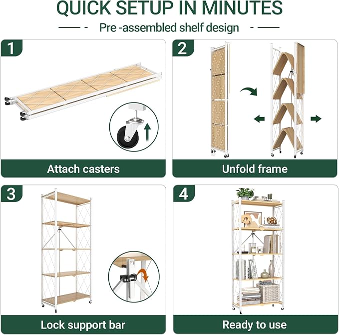 black leopard 5-Tier Foldable Shelf with Wheels, Wood-Grain Steel Shelves | Pre-assembled frame unfolds in seconds with tool-free wheel setup for fast, convenient use