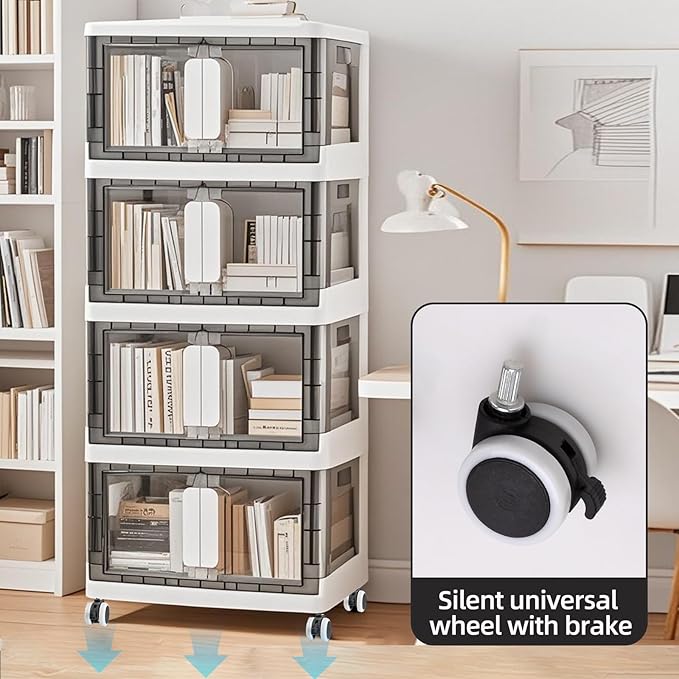 Folding Storage Organizer with Silent casters | Stackable Design for Home & Office, Heavy-Duty Plastic Storage Bin with Clear Door, 3 Sizes (19.5/23.5/27.5in),Black/White (19.7" 4 layer, White)
