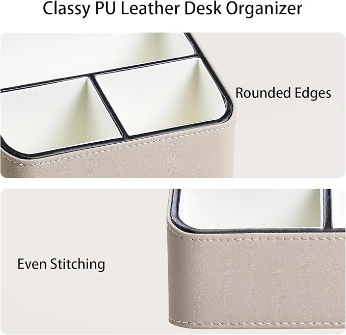 PU Leather Remote Control Holder, Nightstand Organizer with 4 Compartments | Luxury Desk Caddy with Velvet Lining, Small Desk Organizer for Living Room, Bedroom, Bedside, End Table, 6.8" x 6.7" x 4"