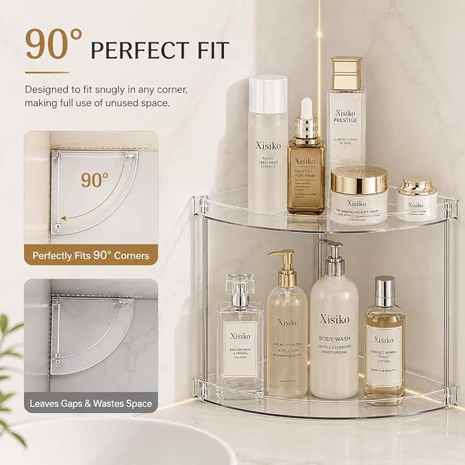 2 Tier Clear Corner Bathroom Counter Organizer, Vanity Countertop Storage Shelf for Makeup, Skincare, Perfume, Kitchen & Sink Organization, Space‑Saving Triangular Design, with Metal Support