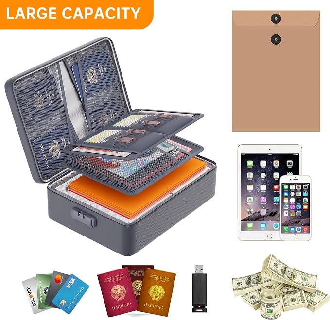 DocSafe 5200°F Fireproof Document Organizer Box with Lock, Gray (Soft) | Heat Insulated 8 Layers File Protection Bag,Water-Resistant Zipper,Portable Home Office Travel Safe Storage for Files,Laptop