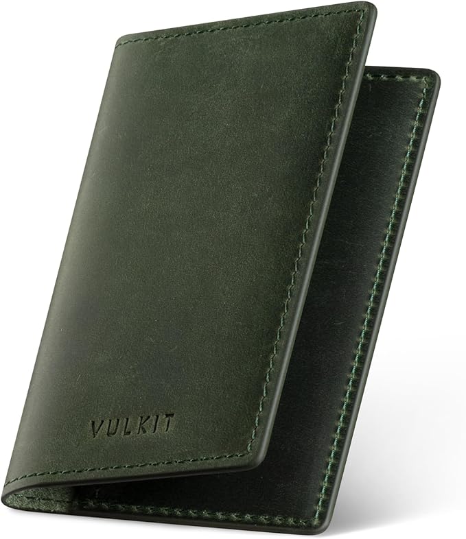 VULKIT Genuine Leather Business Card Holder 2 Sided Slim Business Name Card Organizer for Men or Women, up to Hold 20 cards (Genuine Green)