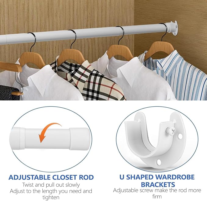 SUTINE Closet Rod, 17 to 97Inch Closet Rods for Hanging Clothes, Heavy Duty Adjustable Closet Hanging Rod Bar White Closet Poles for Wardrobes, Closet, Bathroom, Windows,1.3 Inch Diameter