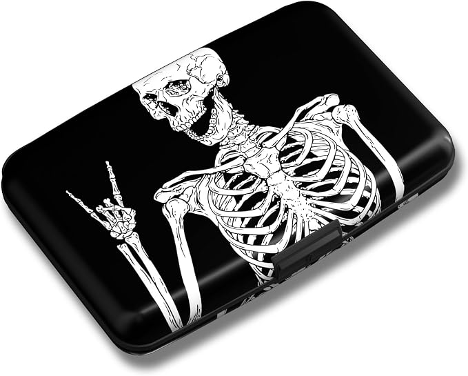 Maicican Credit Card Holder, Mini RFID Blocking Aluminum Wallet | Slim Metal Hard Case Travel Wallet ID Case for Women and Men, 4.3 x 2.9 Inches, Skull