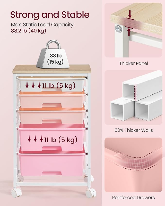 VASAGLE 5-Drawer Rolling Storage Cart, Mobile Organizer Trolley with Wood Top and Metal Frame, for Craft Room, Office, 15.6 x 11.2 x 24.8 inch, Pink, BENCO Collection ULRC005S101