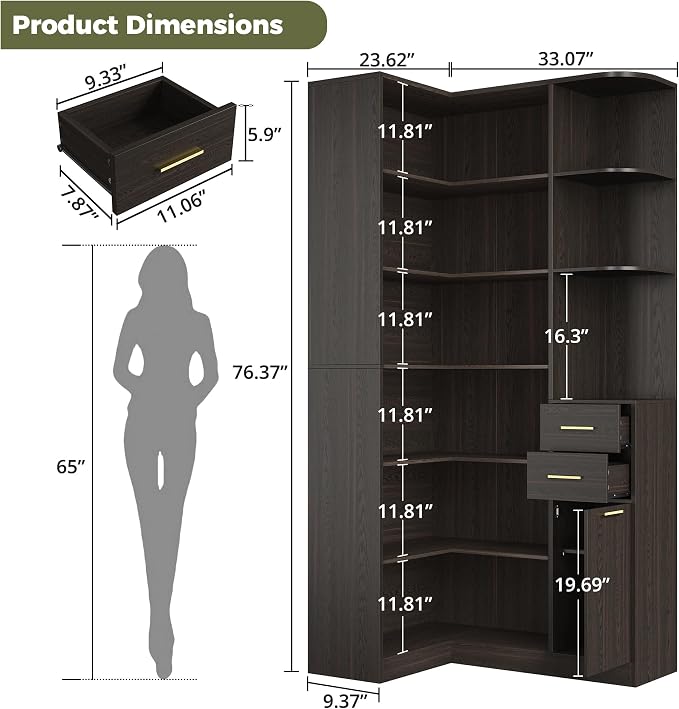 IRONCK Corner Bookshelf, 76" Tall Corner Bookshelves, 6 Tiers L-Shaped Bookcase with 10 Open Shelves and 2 Storage Drawers for Living Room or Home Office, Dark Brown