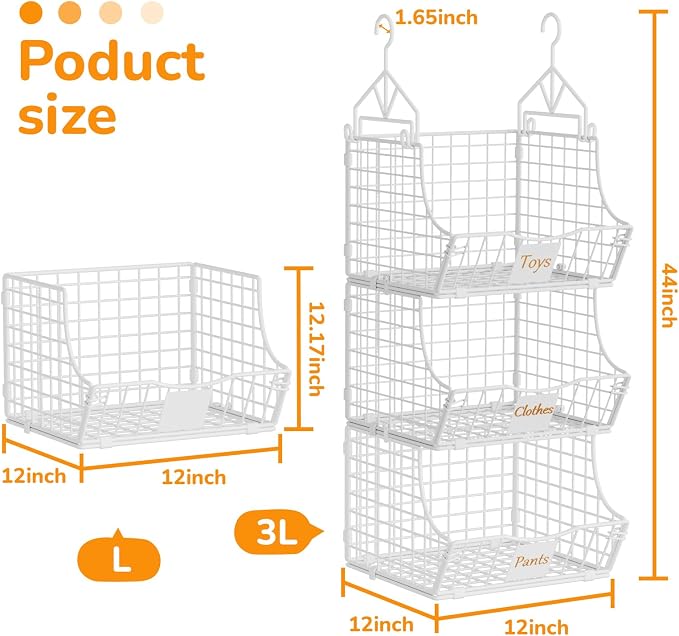 Hanging Closet Organizers and Storage, 6 Tier Closet Shelf Clothes Organizer with 2 S-Hooks, Multi-Functional Iron Wire Baskets, for Clothing, Sweaters, Handbags, Hat, Canned