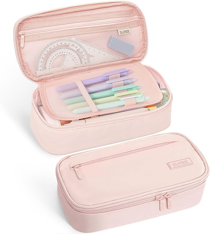 SUNEE Cute Pencil Case, Large Capacity Pencil Pouch, Big Storage Organizer for Stationery, Zipper Pen Bag,Back to School Supplies,Office Water-Repellent Nylon Pencil Bag for Teen Girls Boys,Light Pink