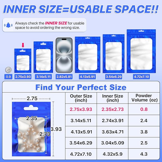 100 PCS Resealable Mylar Bags with Zip and Frosted Clear Window Packaging Bags Foil Pouch Zipper Bag for Food Self Sealing Storage Supplies (Blue, 2.75×3.93)