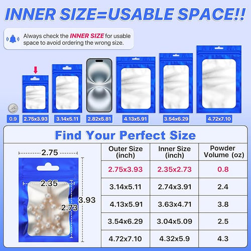 100 PCS Resealable Mylar Bags with Zip and Frosted Clear Window Packaging Bags Foil Pouch Zipper Bag for Food Self Sealing Storage Supplies (Blue, 2.75×3.93)