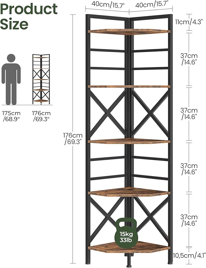 CHOEZON 69.3" Corner Shelf 5-Tier, Large Corner Shelving, Freestanding Storage Stand for Bedroom, Living Room, Kitchen, Industrial Engineered Wood Bookshelf Organizer, Rustic Brown and Black TCJ15BF