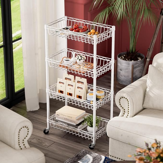 SINGAYE 6 Tier Shelf Wire Shelving Adjustable Storage Shelves Basket Rack | Adjustable Shelves with Wheels Metal Storage Unit Closet Bathroom Organizers Pantry Kitchen Garage Laundry Room White