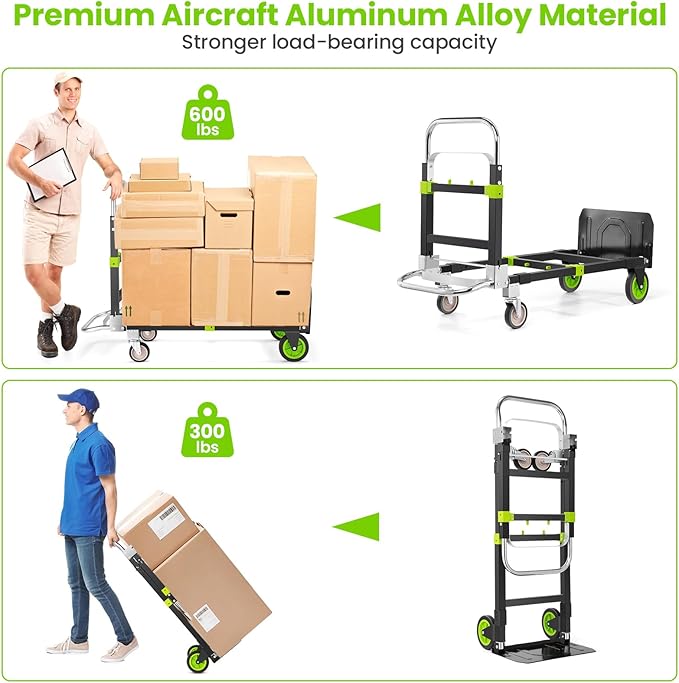 3-in-1 Folding Hand Trucks, 600Lbs Convertible Hand Truck Dolly, Heavy Duty Convertible Dolly with Retractable Handle and 4 Rubber Wheels, Collapsible Cart for Moving Office/Home/Warehous(Green)