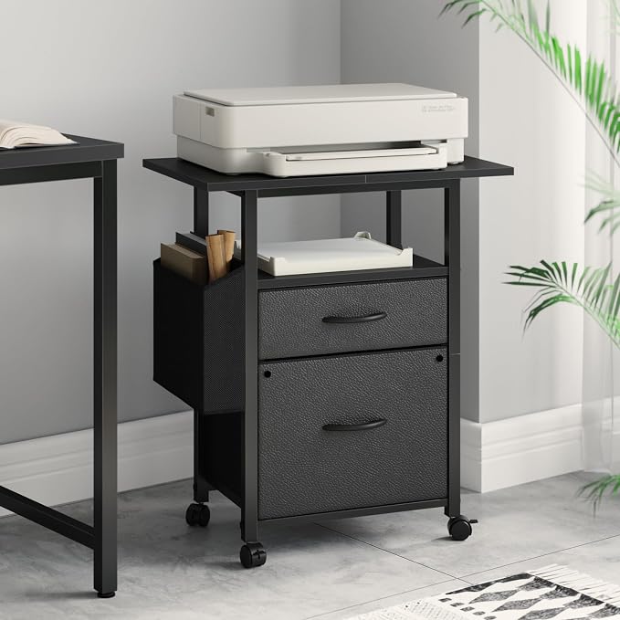 GYIIYUO 2 Drawer File Cabinet with 24'' Extended Desktop, Mobile | Rolling Filing Cabinet, Side Bag, Fits A4/Letter Size, Rolling Printer Stand, Home Office, Fabric Drawer, Black