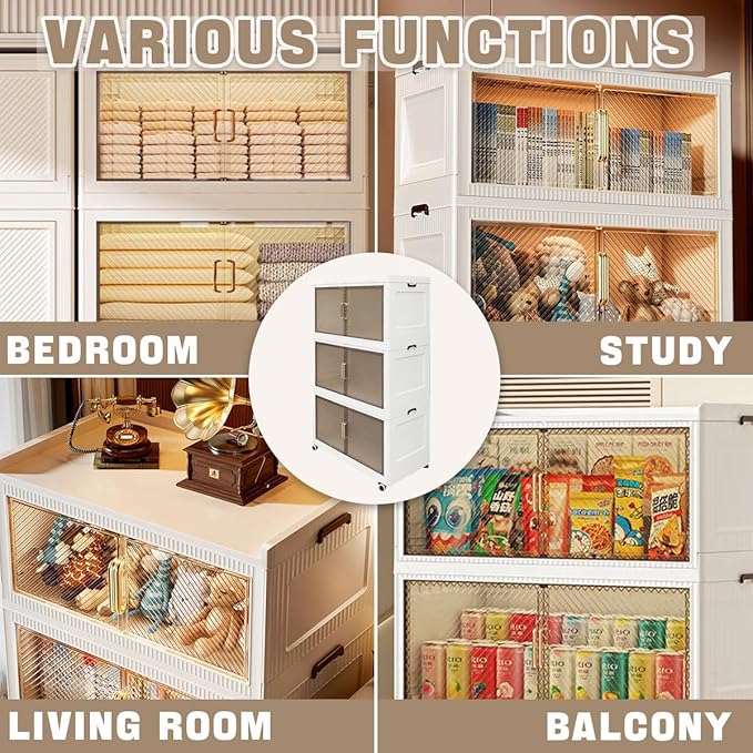 472QT Stackable Storage Bins with Lid,118Gal Closet Organizers and Plastic Cabinets Shelves, Collapsible Drawers, Foldable Boxes with Wheels for Home Office, 3Pack (Clear Door, 31inch)