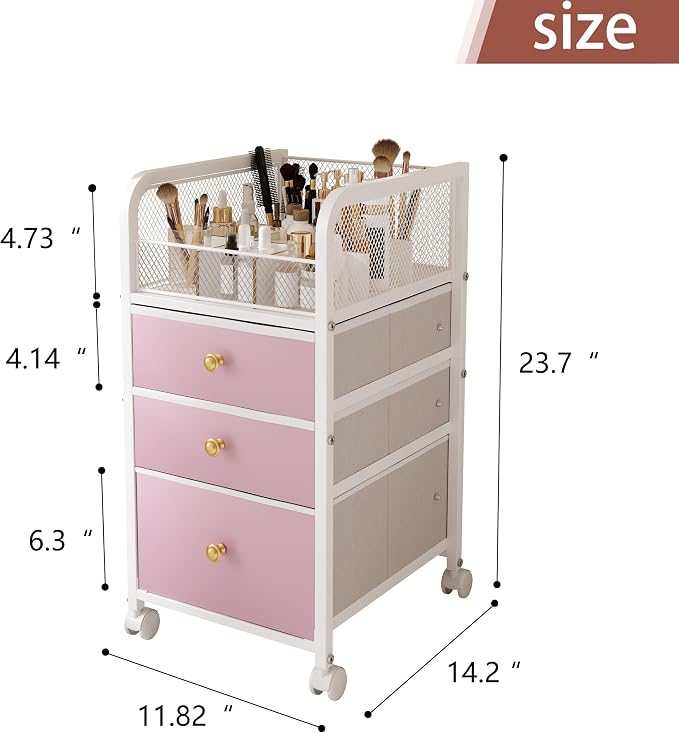 Rolling Makeup Vanity Cart, Makeup Organizer with Drawers, Rolling Makeup Bathroom Storage Cart, Cosmetic Vanity Display Cases Holder for Nail Polish Brush Hair Tool (Pink)