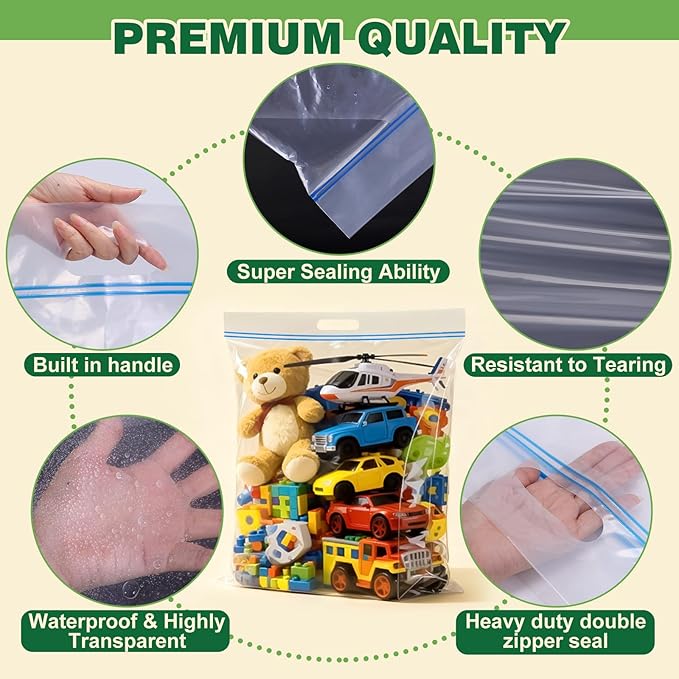 20 PACK 25 Gallon Extra Large Storage Bags, 35.5"x 24"x 7" Resealable Clear Zipper Bags with Handle, Heavy Duty Big Bag for Clothes Pillow Travel Moving, Expandable Bottom, 8 Mil Thick