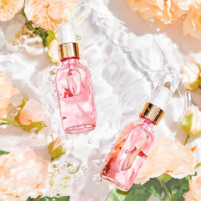 Roshtia 30 Pcs Glass Spray Bottle Clear Empty Bottles Small Refillable Reusable Perfume Bottle with Fine Mist Sprayer Pump for Face Body Travel(2 oz,Rose Gold with Gold Lid)