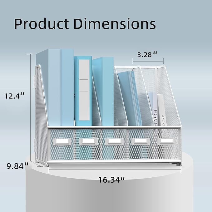 SUPEASY Desk Organizers Metal Desk Magazine File Holder with 5 Vertical Compartments Rack File Organizer for Office Desktop, Home Workspace, White (Pack of 2)