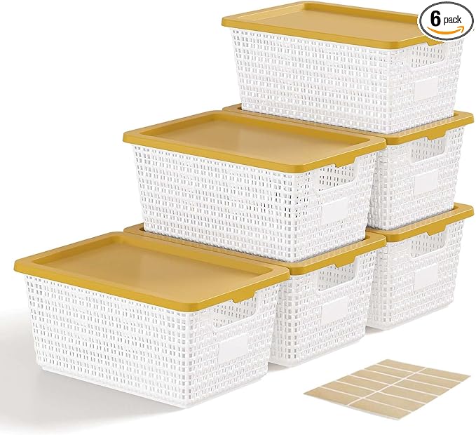 EOENVIVS Storage Bins Bakets with Lids 6 Pack, Stackable Organizer Bins for Small Spaces, Pantry, Closet & Bathroom, Secure Snap Lids, 11x7x5 Plastic Storage Containers for Shelf Organization, White