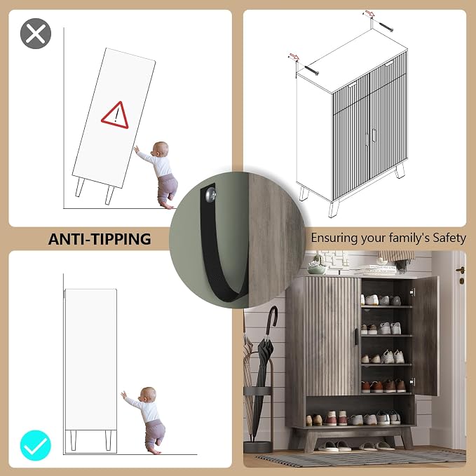 Shoe Cabinet Storage for Entryway with Doors, 5 Tier Fluted Shoe Organizer with Adjustable Shelves, Entryway Shoe Storage with Wooden Legs, Freestanding Hidden Shoe Rack for Front Door Entrance, Grey