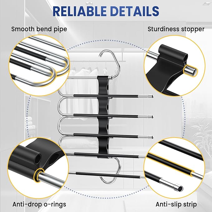 DAMITA Pants Hangers Space Saving - 4 Pack 5 in 1 Layers Stainless Steel Metal Jeans Hangers - Black Closet Organizers and Storage Anti-Slip Design for Pants Skirts Scarf Legging