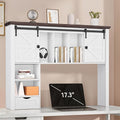 Large Desktop Bookshelf with Sliding Barn Door, 47.2''W Desk Shelf Display Rack, Desktop Organizer Storage Rack with 7 Cubbies and Drawer, Home, Desk Shelf for Office, Dorm, Vanity, White