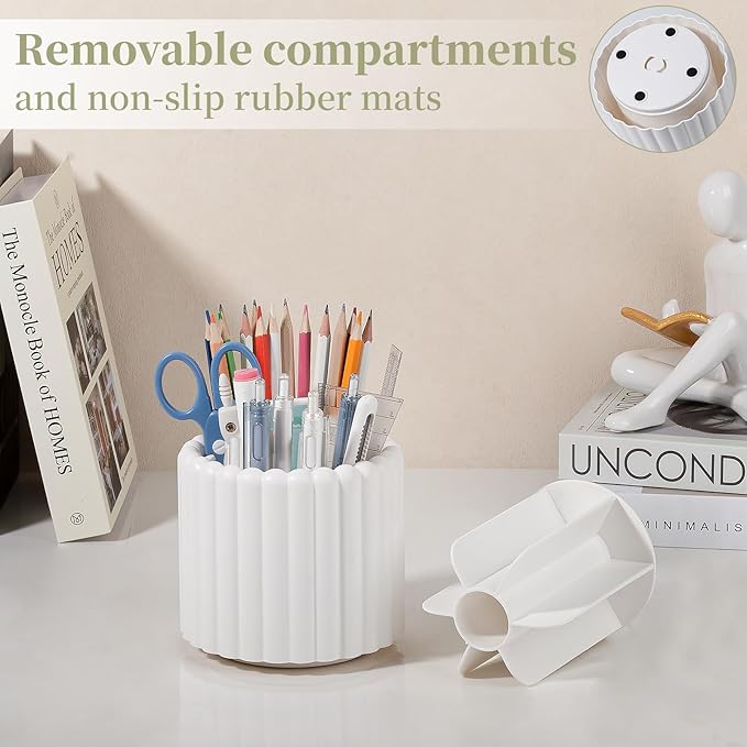 360° Rotating Pen Holder for Desk Removable Pencil Organizer, White | 7 Slots Pen Cup Cute Office Supplies and Accessories Plastic Desktop Storage Box Art Caddy for School, Work, Home