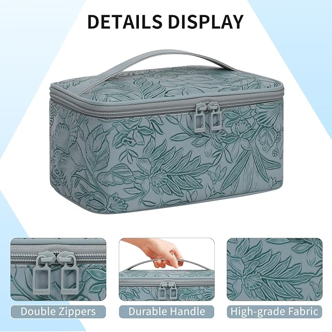 OCHEAL Makeup Bag for Women - Travel Cosmetic Organizer with Brush Slot & Divider, Large Capacity Toiletry Bag for Girls, Travel Makeup Case for everyday Make up Accessories -Blue Floral